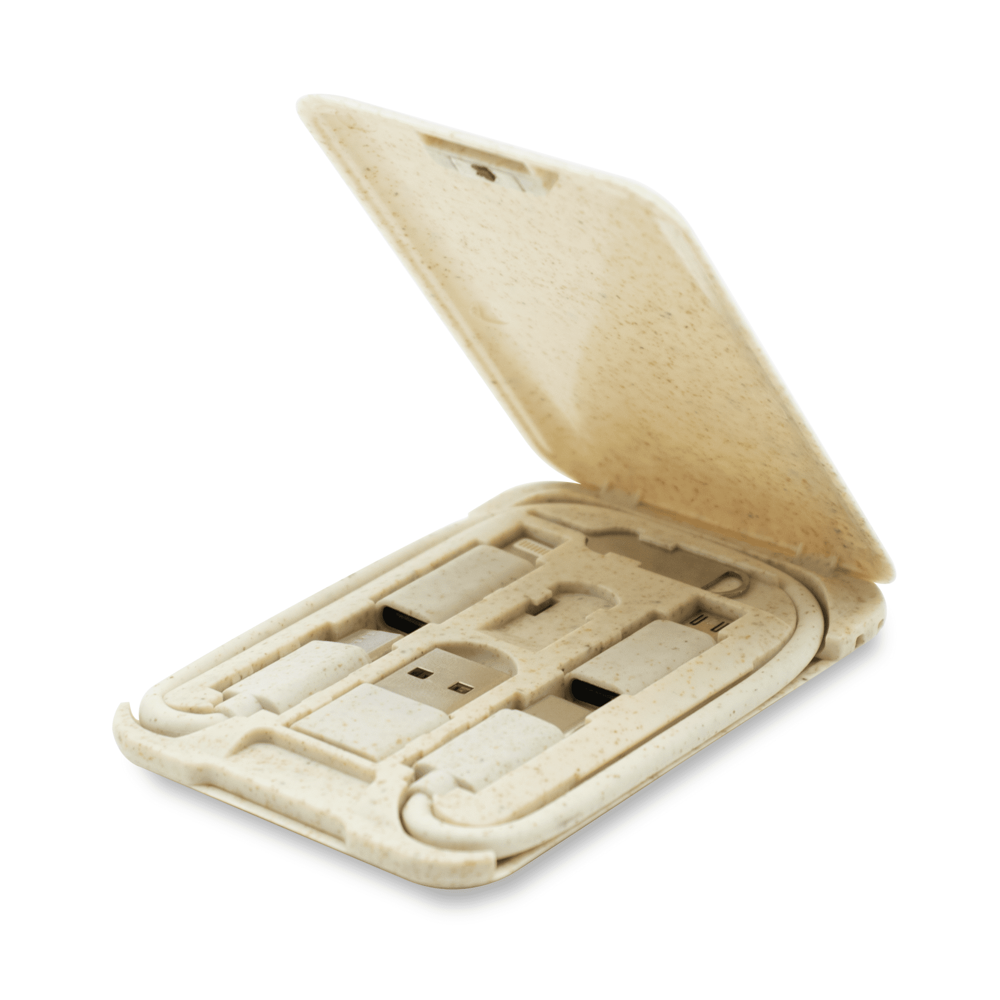 A cream-coloured charging cable set in a compact, eco-friendly case, featuring connectors for various devices.