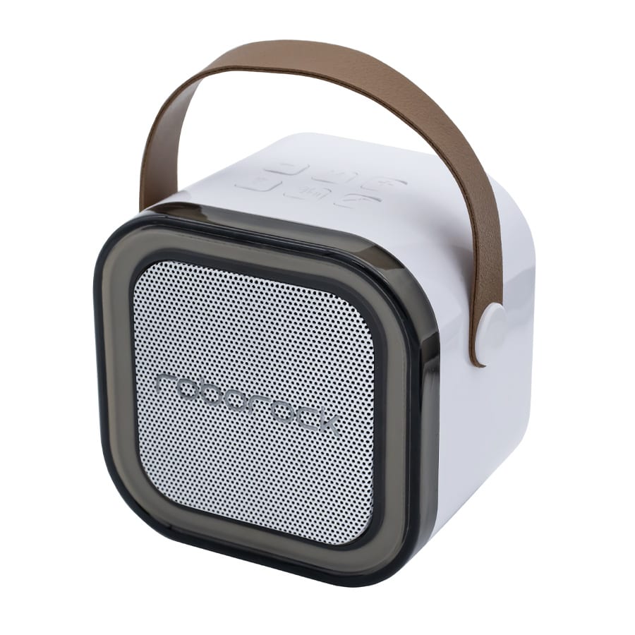 A white portable karaoke machine with a square design and a brown handle, featuring a mesh speaker front and a logo.