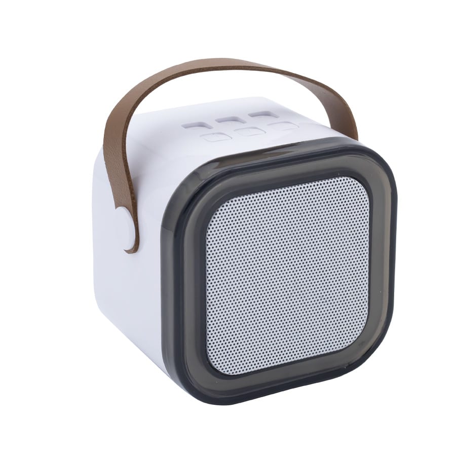 A white portable karaoke machine with a square design and a brown handle. It features a speaker grille on the front.