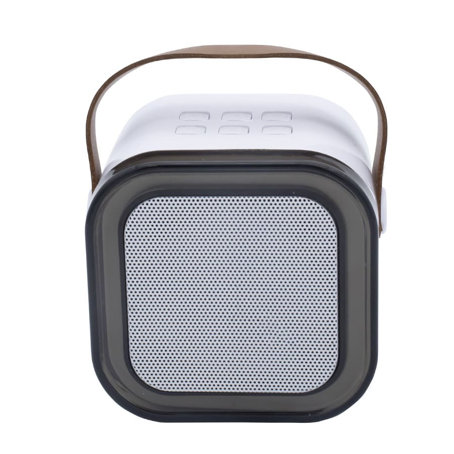 A portable karaoke machine with a square shape, featuring a grey body and a speaker grille. It has a handle for easy transport.