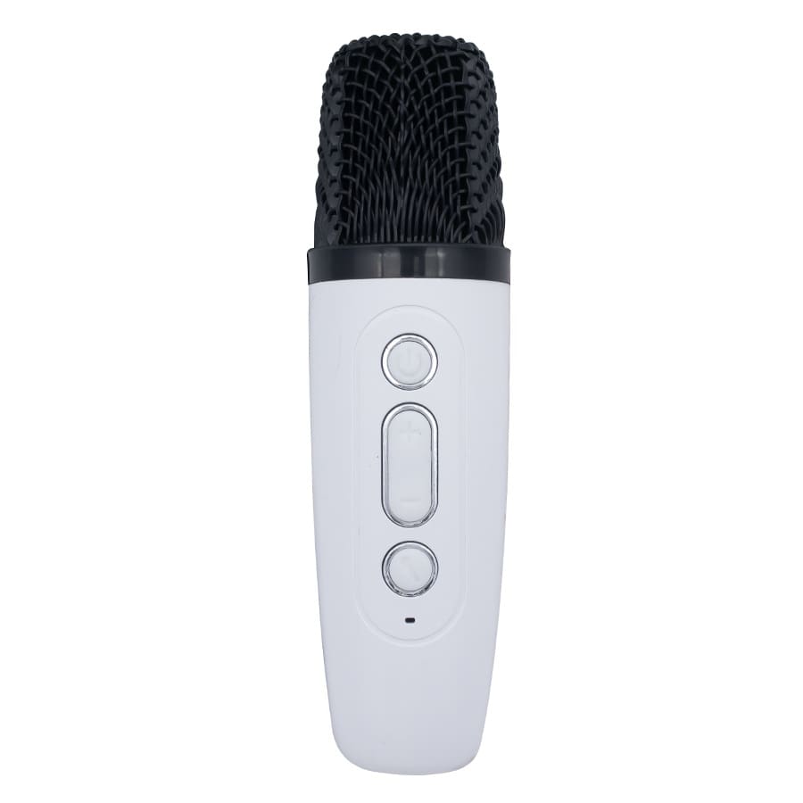 A white portable karaoke machine with a mesh microphone head and buttons for control. It includes a branding logo.