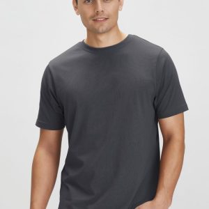 A men's short sleeve tee in dark grey, featuring a simple design and a logo on the chest.