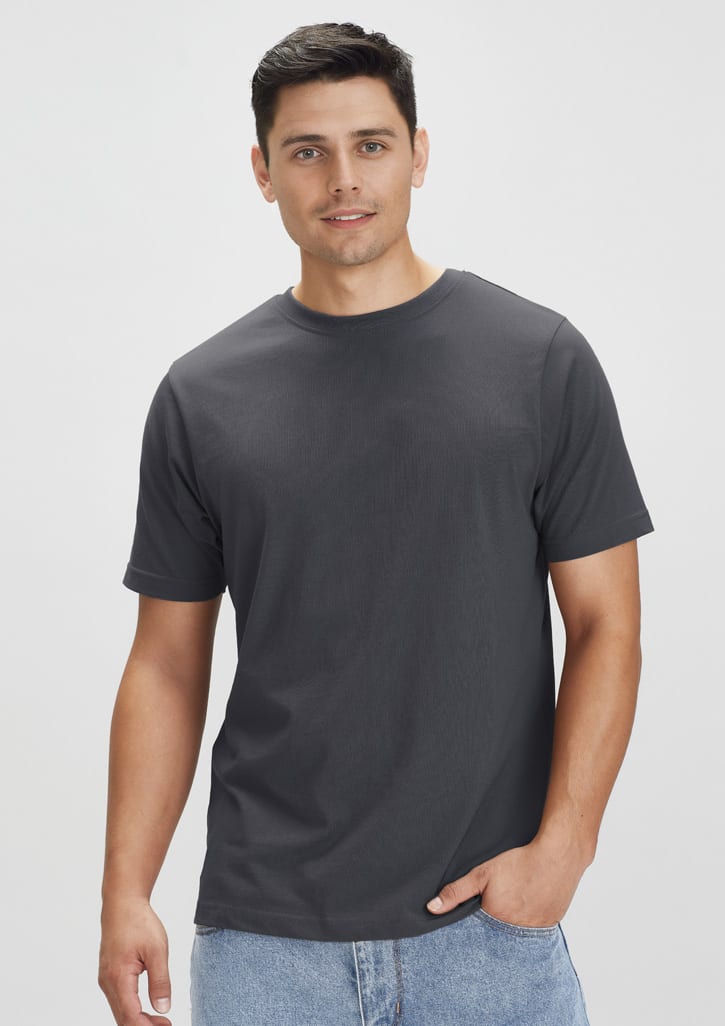 A men's short sleeve tee in dark grey, featuring a simple design and a logo on the chest.