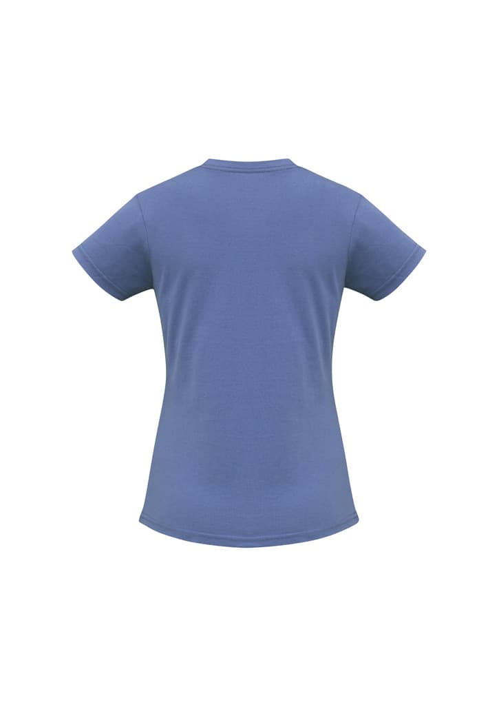 A women's short sleeve tee in blue, featuring a fitted shape and a plain back design.