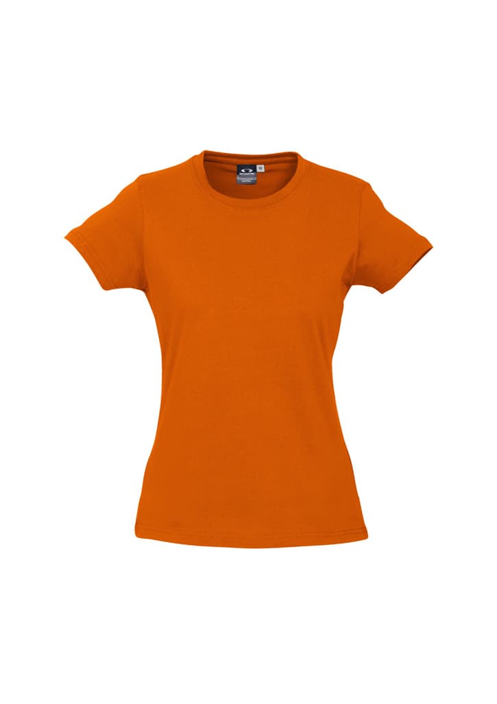 An orange women's short sleeve tee with a fitted style and a logo on the label.