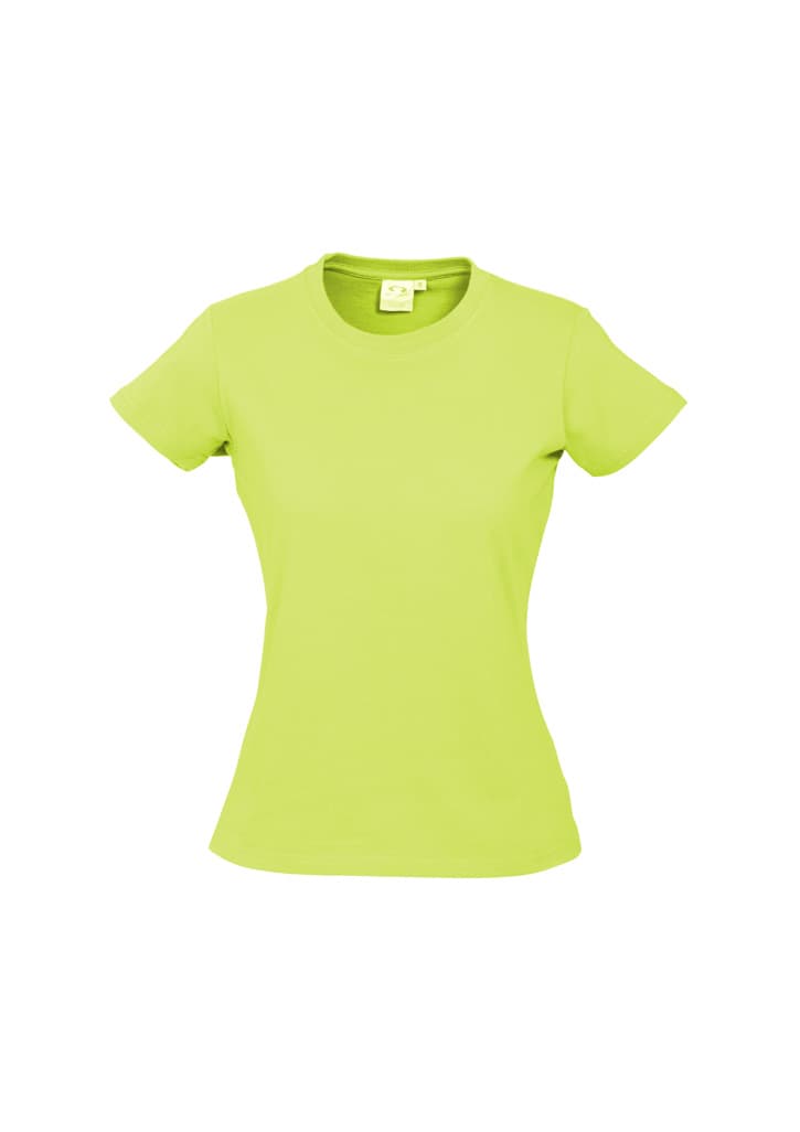 A bright lime green women's short sleeve t-shirt with a fitted design. It features a simple round neckline and has a logo.