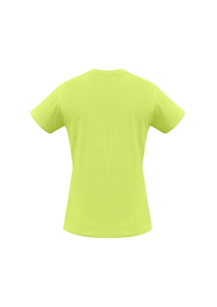 A short sleeve tee in bright lime green, featuring a simple design and a back view. Includes a branding logo.