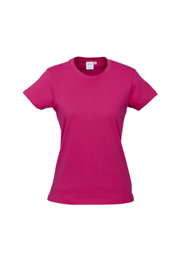 A pink women's short sleeve tee with a classic fit and a logo on the label.