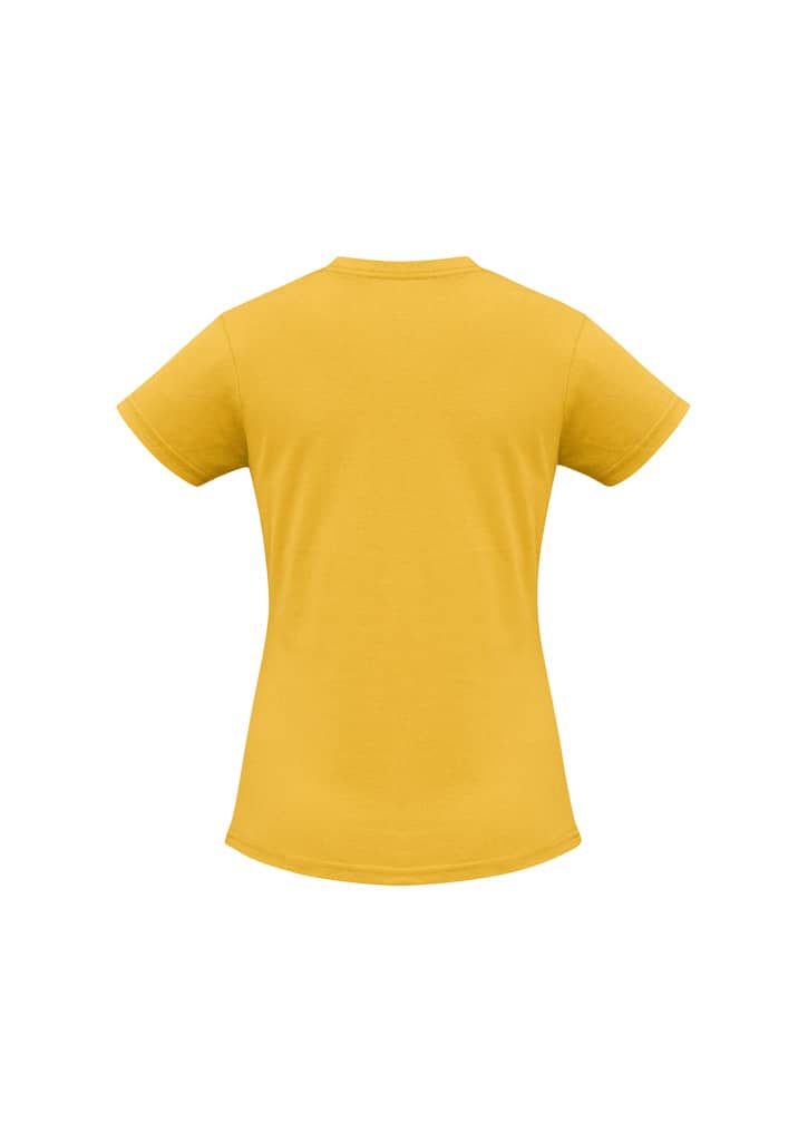 A yellow women's short sleeve tee with a fitted design and a plain back. It features a logo on the fabric.