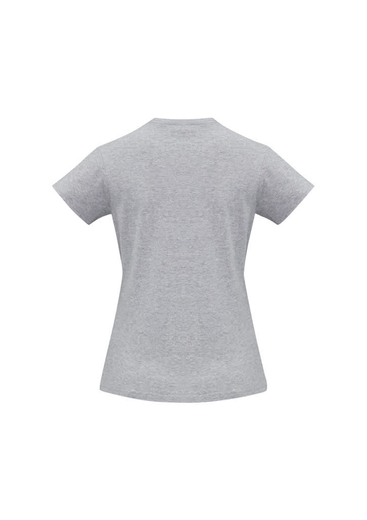 A grey women's short sleeve tee with a fitted silhouette and a logo on the back.