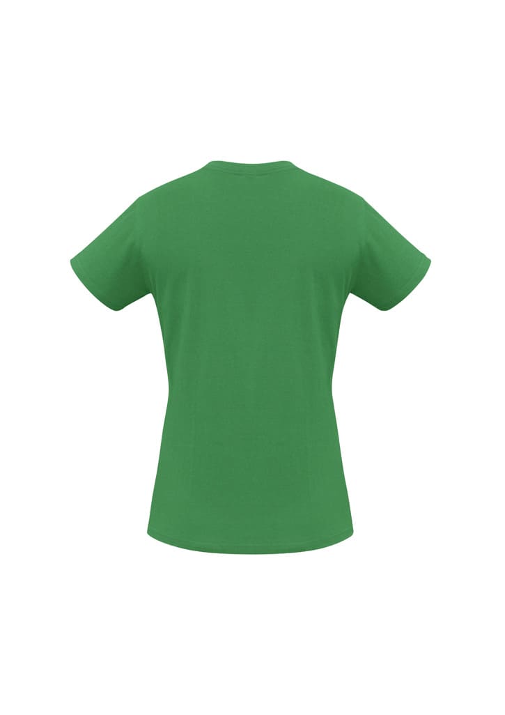 A green short sleeve tee, featuring a rounded neckline and a logo on the back.
