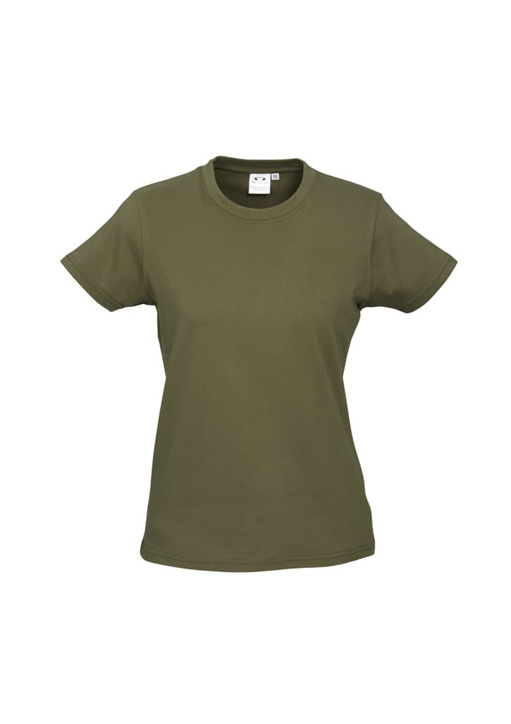 An olive green women's short sleeve tee with a simple design and a tag inside. It features a logo.