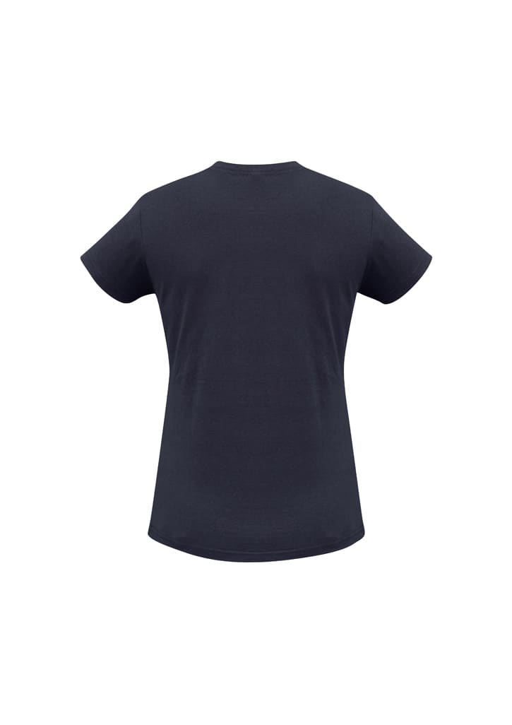 A dark navy women's short sleeve tee with a classic crew neck and a plain back, featuring a logo.