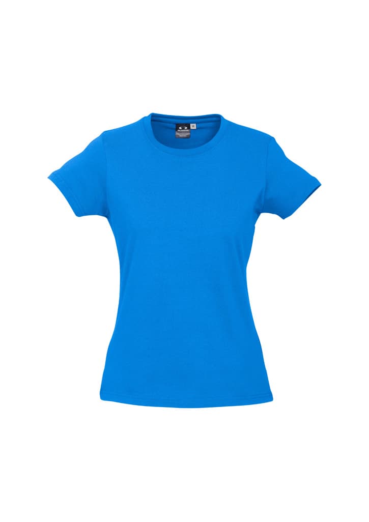 A bright blue short sleeve tee shirt for women featuring a fitted design and a logo on the label.