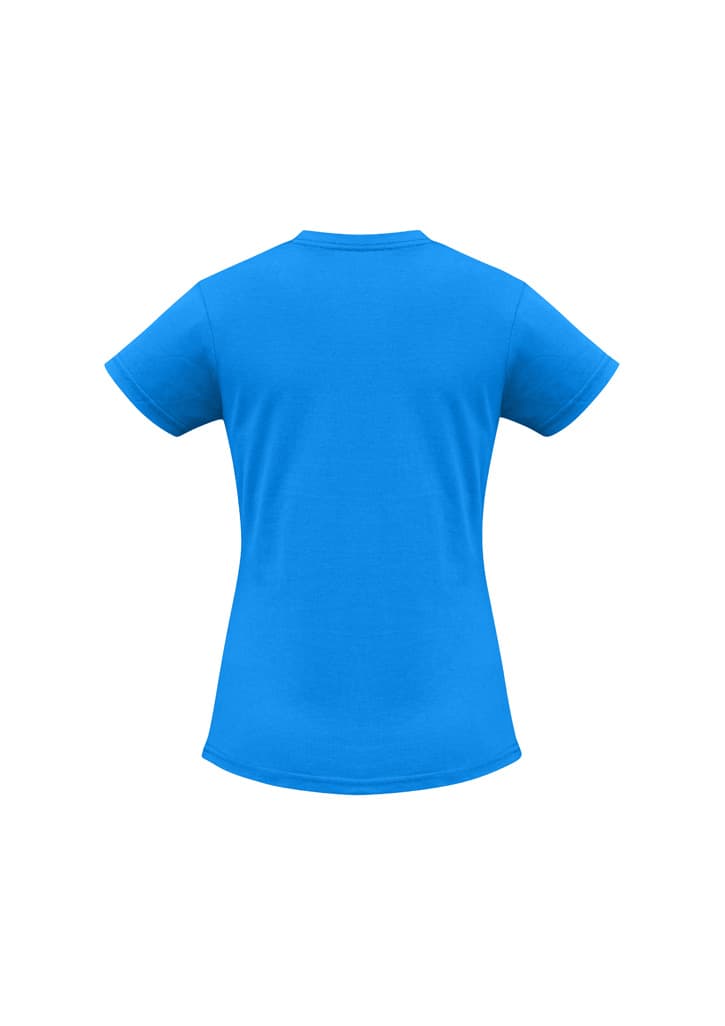 A blue women's short sleeve tee featuring a regular fit and a simple back design.
