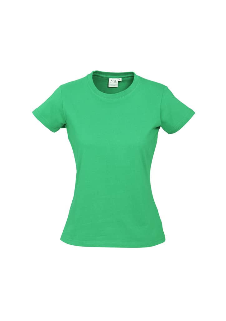 A green women's short sleeve tee with a fitted style and a round neckline, featuring a logo.
