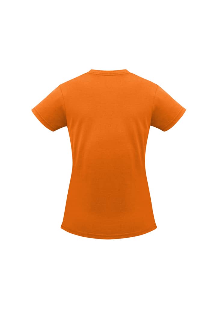 An orange women's short sleeve tee featuring a fitted design and a logo on the back.