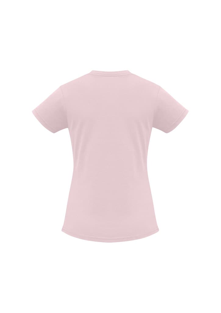 A pink women's short sleeve tee with a fitted design and a logo on the back.