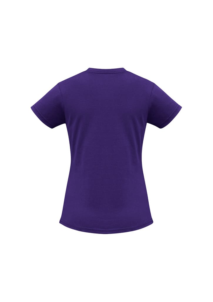 A purple women's short sleeve tee with a fitted design and a logo on the back.