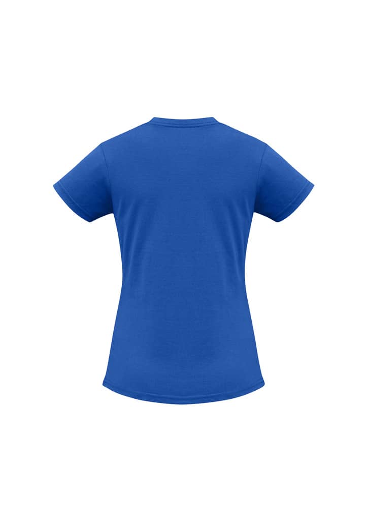 A women's short sleeve tee in vibrant blue, displaying a simple design with a logo.
