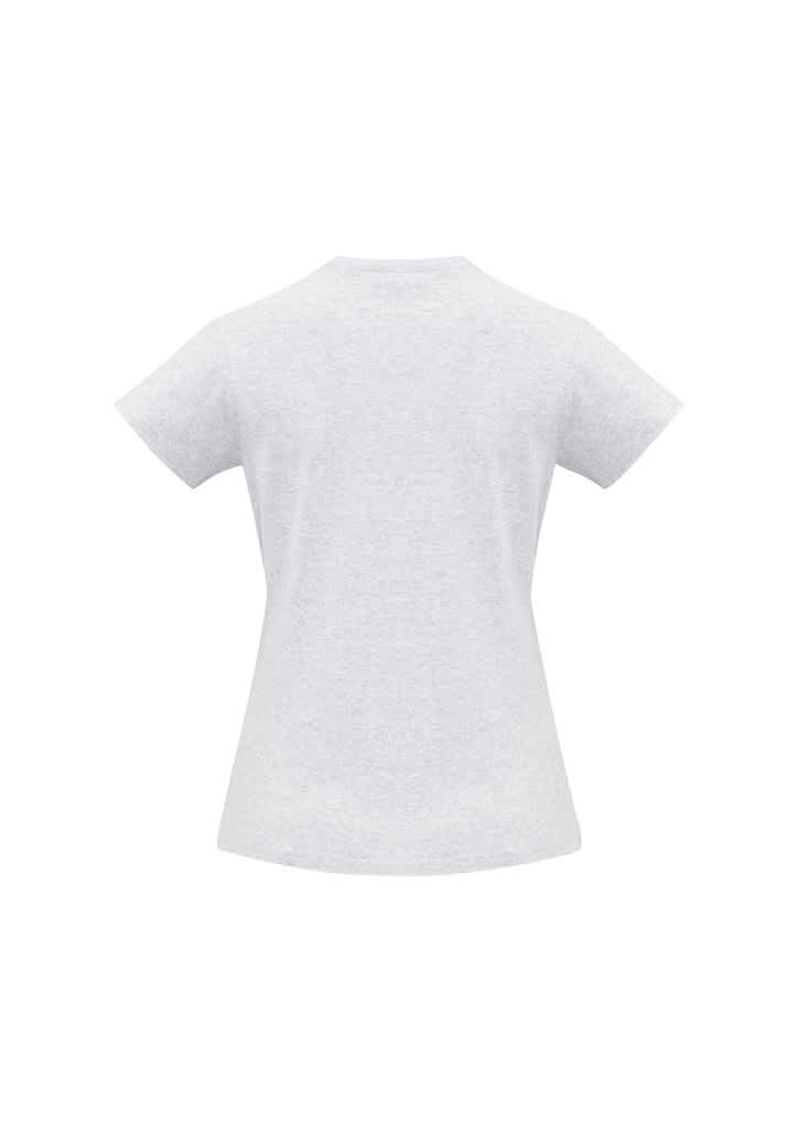 A grey women's short sleeve tee featuring a fitted design and a logo at the back.