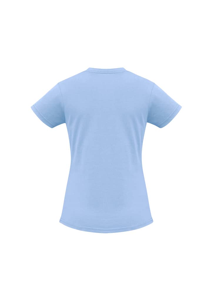 A light blue women's ice short sleeve tee with a fitted design and short sleeves. Features a branding logo.