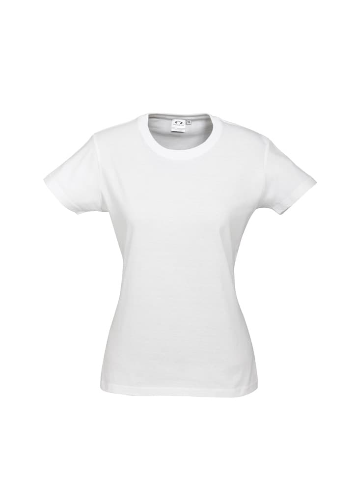 A white short sleeve women's t-shirt with a fitted design and a logo on the neckline.