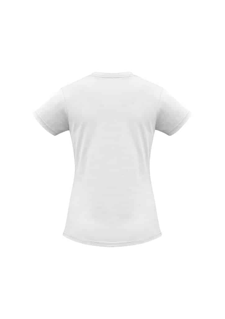 A white women's short sleeve tee with a fitted design and a logo on the back.