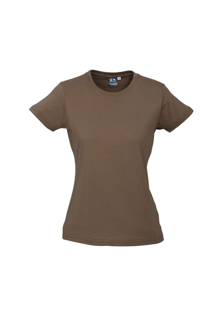 A short-sleeve women's tee in earthy brown, featuring a fitted style and a classic round neck. It has a logo.