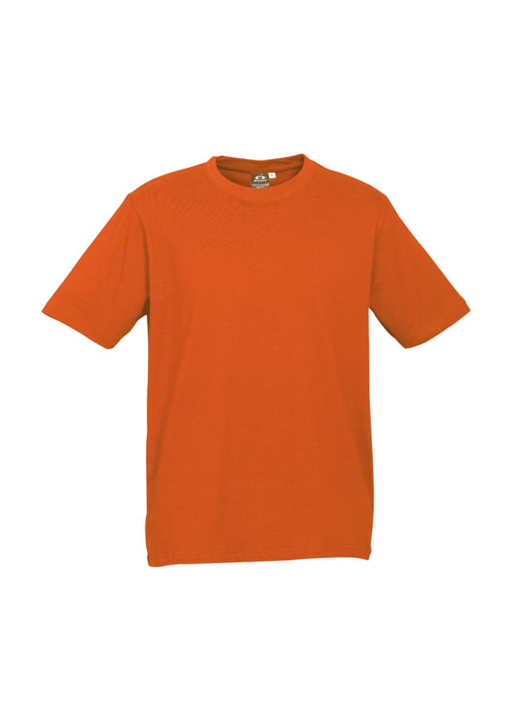 An orange short sleeve tee with a round neckline, featuring a logo on the chest area.