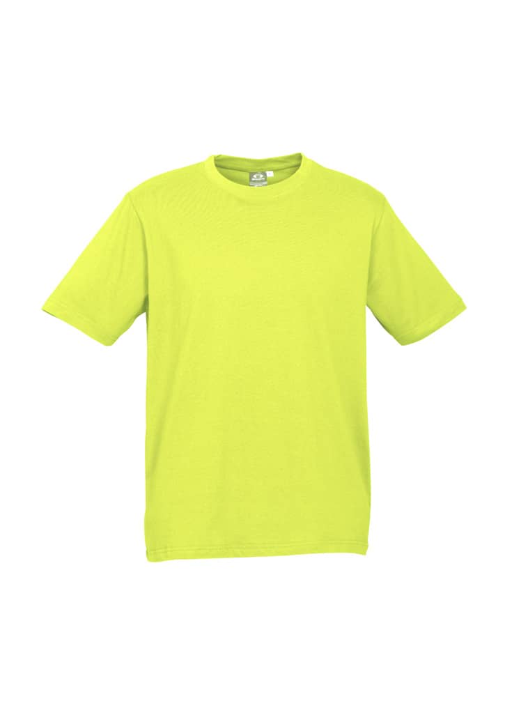 A bright lime green short sleeve tee with a crew neckline and a logo.