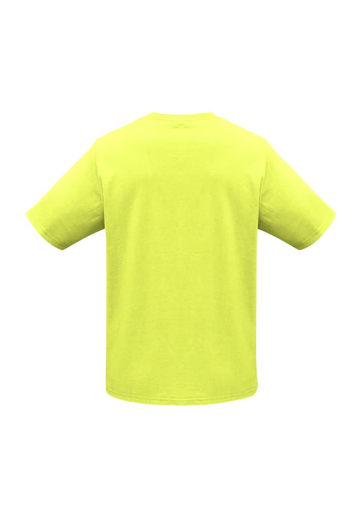 A bright yellow short sleeve tee shirt with a plain back and a small logo at the neckline.