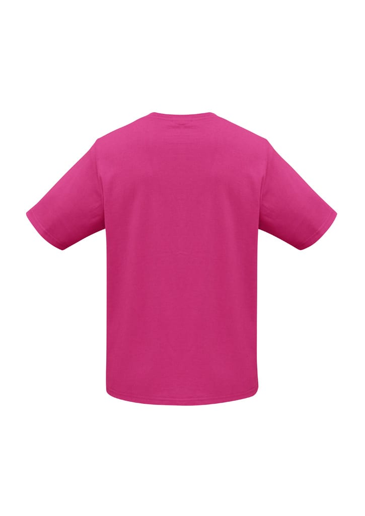 A pink short sleeve tee featuring a relaxed fit and a simple design. The back view displays its solid colour and absence of graphics.