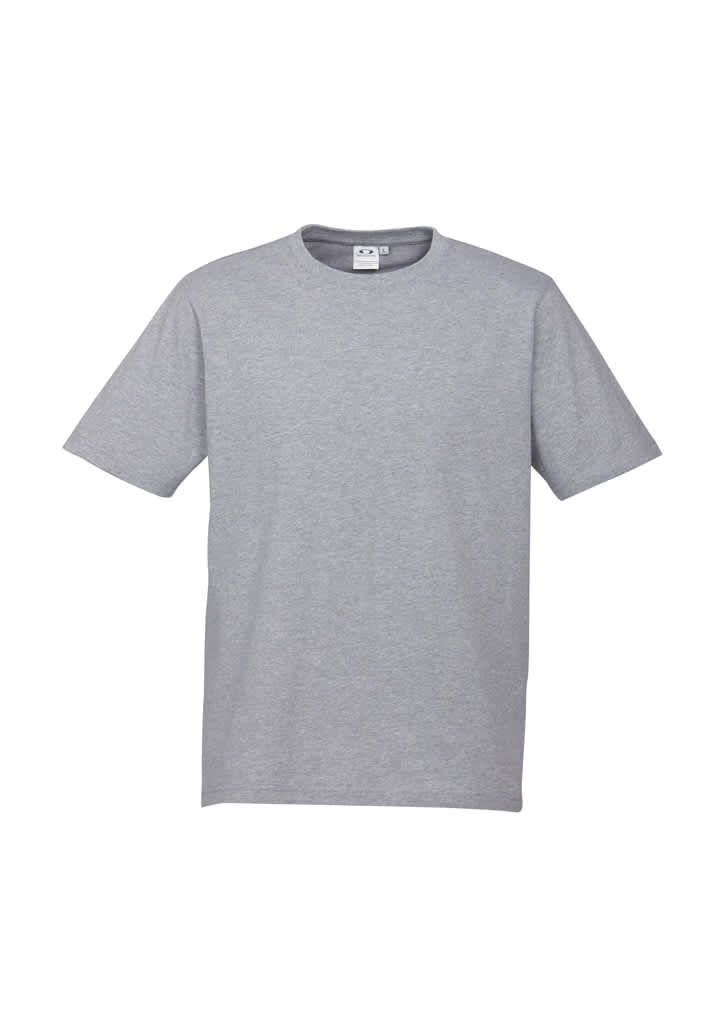 A grey short sleeve t-shirt with a round neckline and a basic design, featuring a logo on the label.