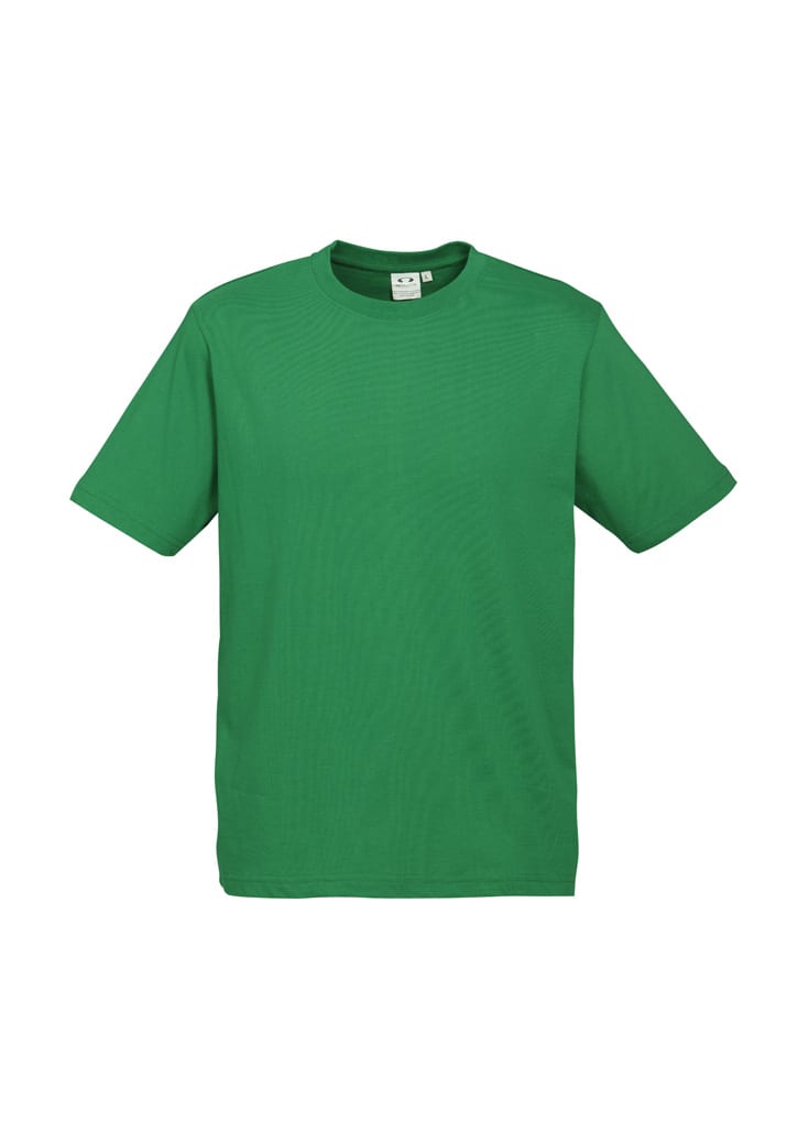 A green short sleeve men's tee with a crew neck and a label, featuring a simple design.