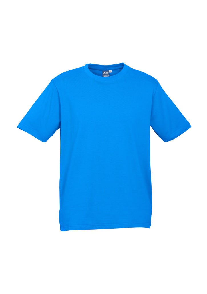 A bright blue short sleeve men's tee is displayed, featuring a classic crew neck style and a logo on the label.