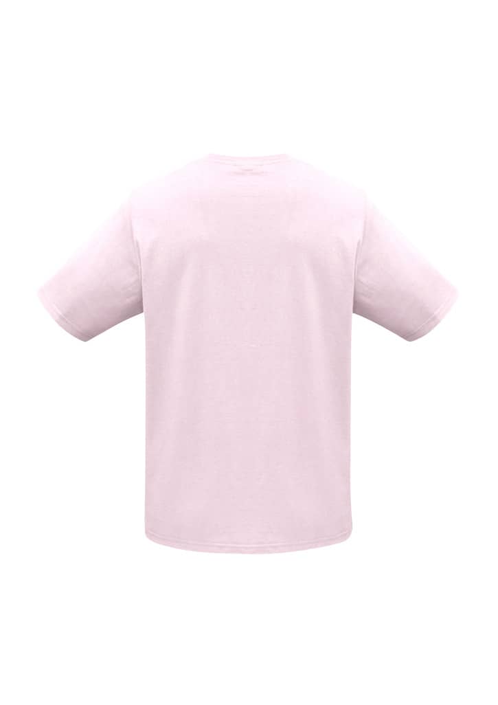 A pink short sleeve tee with a round neckline, featuring a logo on the back. Suitable for kids.