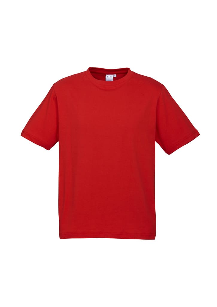 A red short sleeve tee in a casual style, featuring a logo on the label.