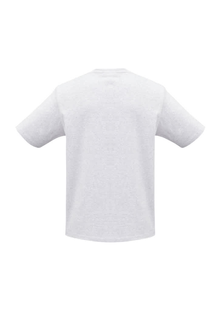 A grey short sleeve t-shirt with a loose fit, featuring a logo on the back. Ideal for casual wear.