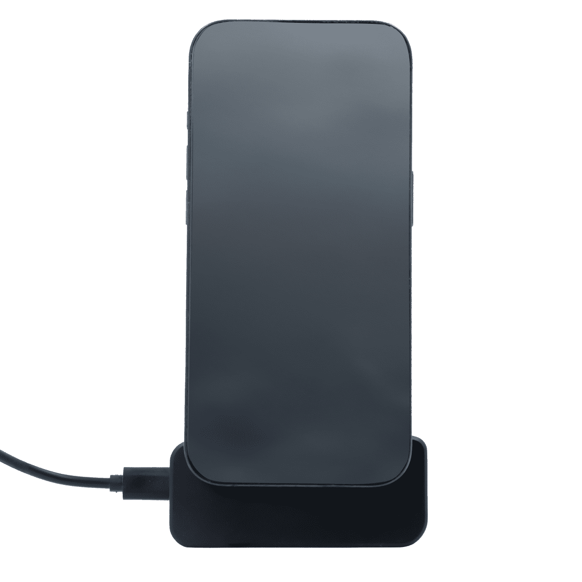 A black wireless charger with a phone positioned on top, connected by a cable at the base.