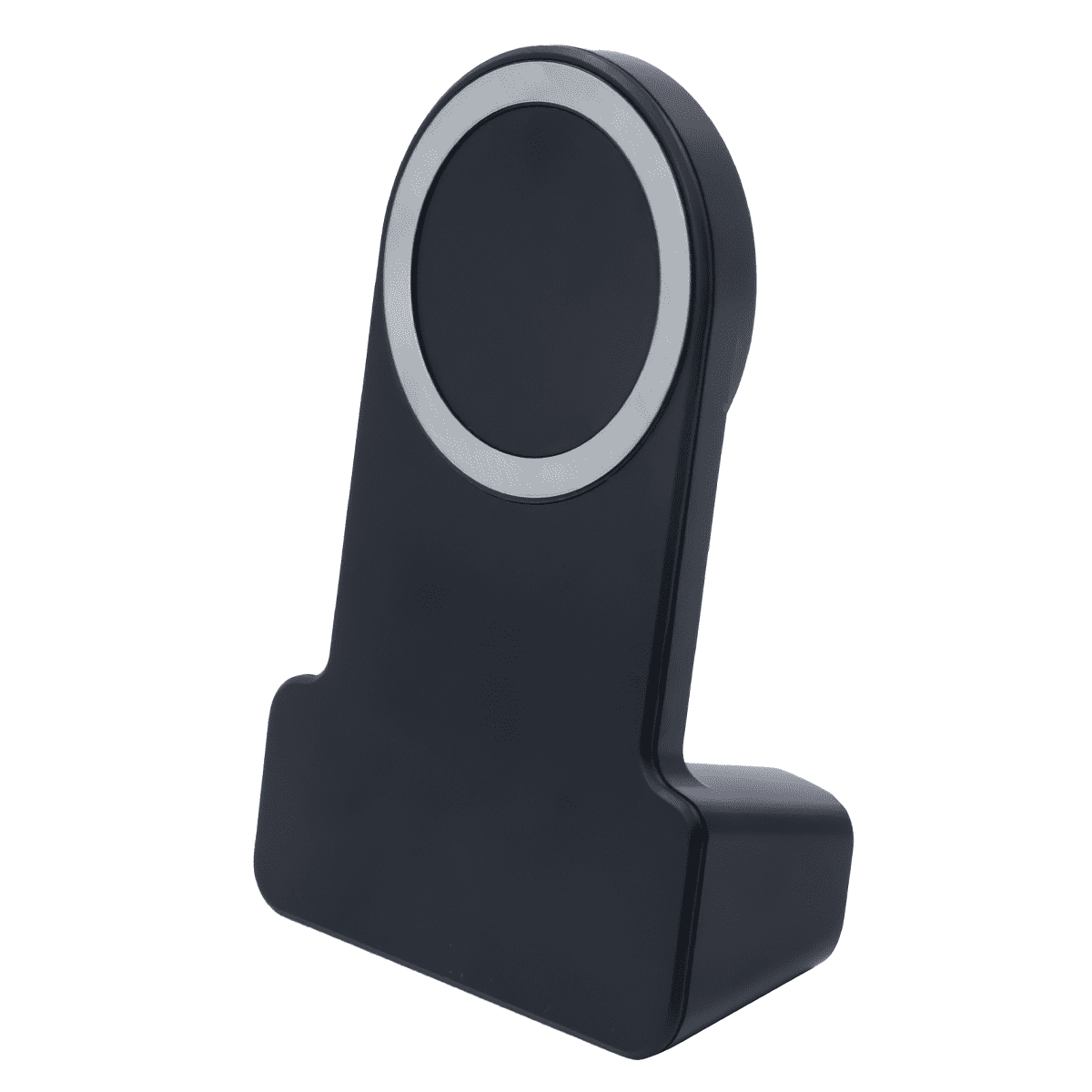 A wireless charger in black with a circular charging pad and a standing design. Features a logo on the surface.