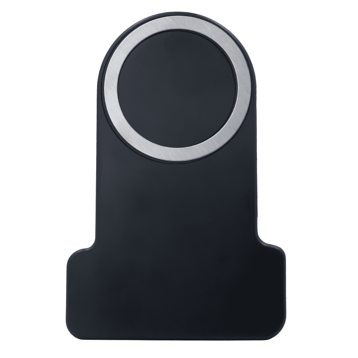 A black wireless charger with a metallic circular charging area and a sleek, minimalist design.