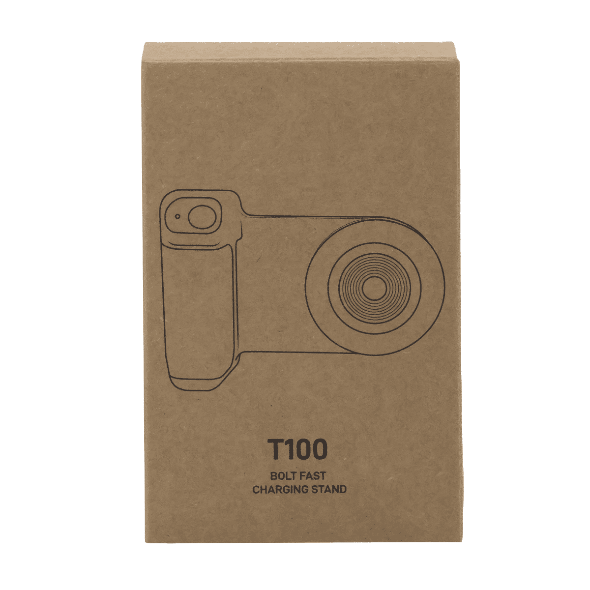 A brown cardboard box containing a wireless charger, featuring a simple line drawing of the product on the front.