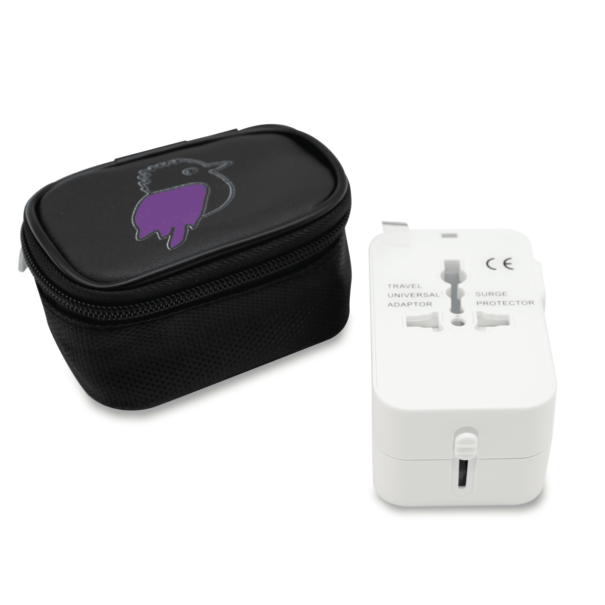A black zippered case containing a white universal travel adapter with multiple ports and a logo.