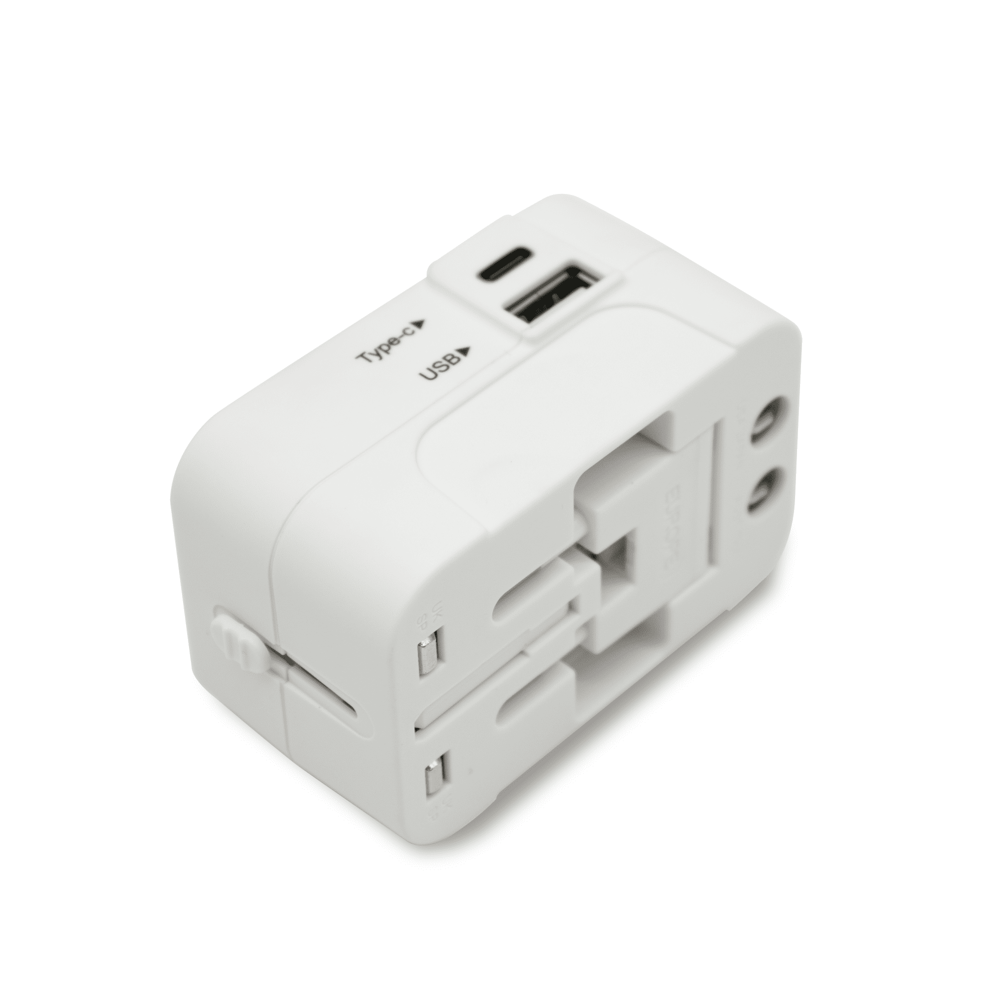 A white universal travel adapter with USB ports and retractable prongs, featuring a compact design.