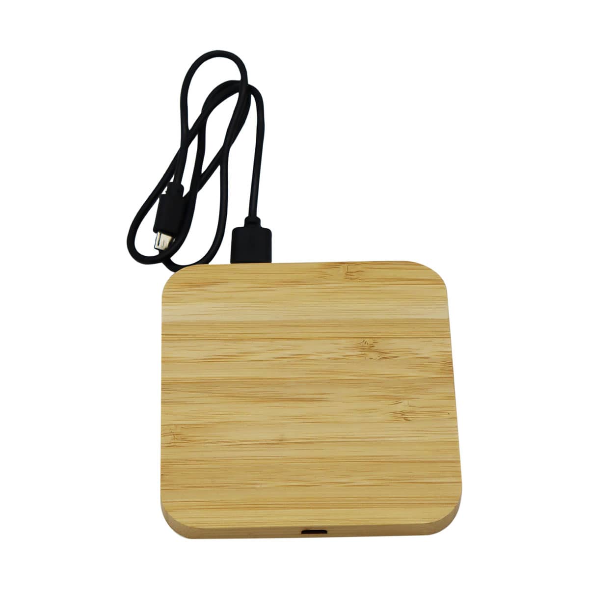 A bamboo wireless charging dock in a square shape, featuring a black USB cable for connection.