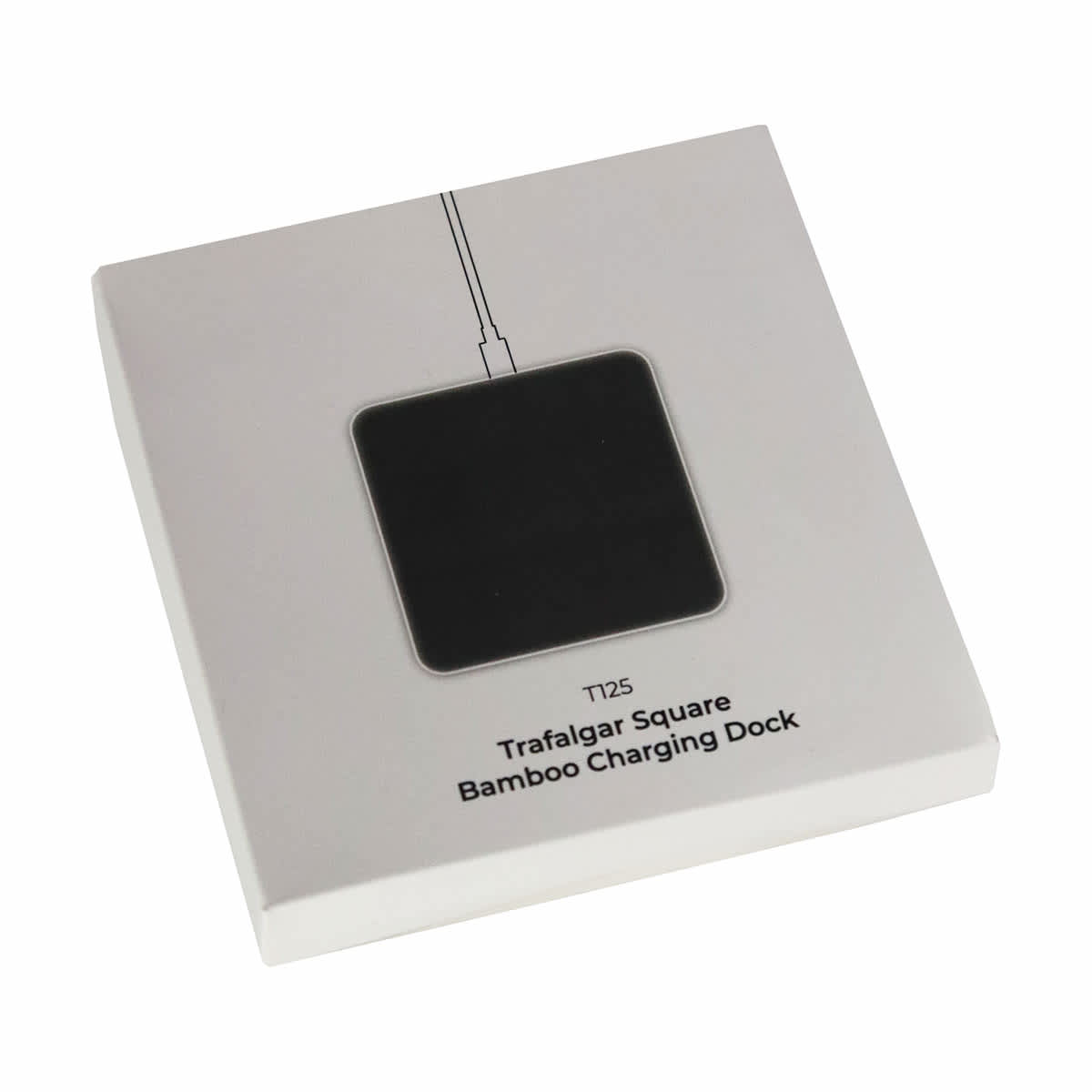 A square bamboo charging dock in a sleek black design, packaged in a white box with a minimalist style.