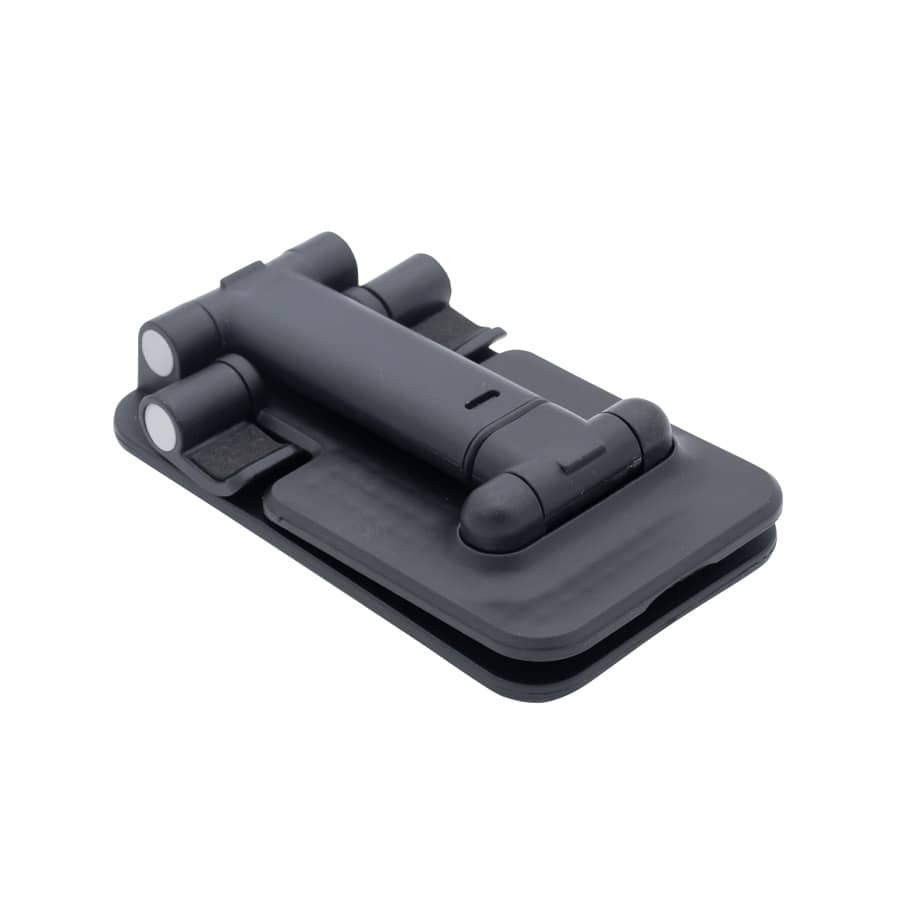 A black folding desktop mobile phone and tablet stand, featuring a sturdy base and adjustable angle for devices.