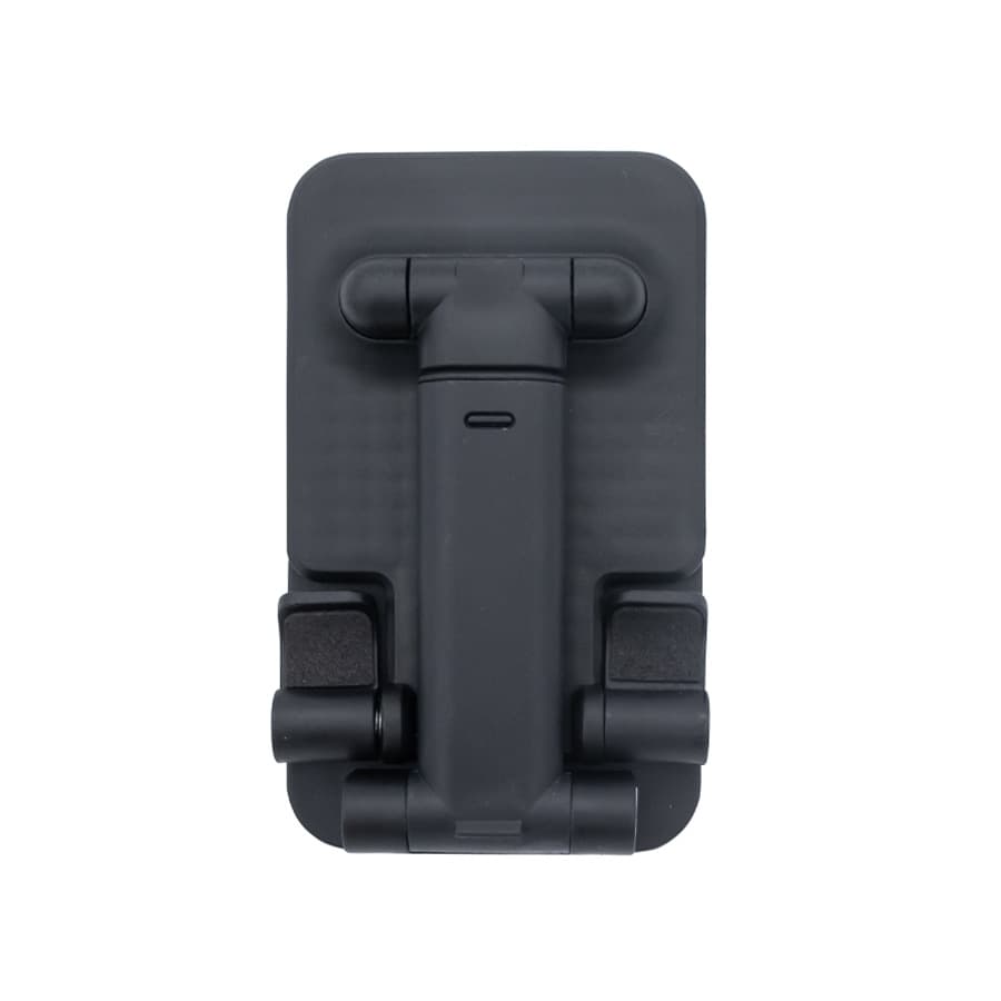 A black folding desktop mobile phone and tablet stand with a compact design and branding on it.