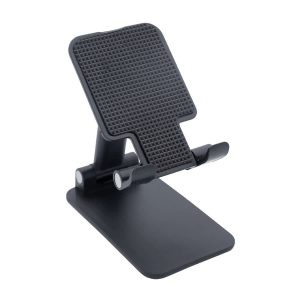 A black folding desktop mobile phone and tablet stand with a textured surface and adjustable angle base.